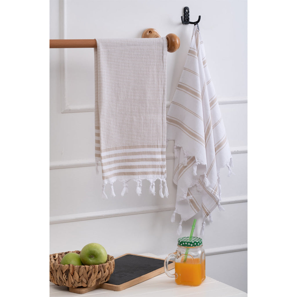 Kitchen Towel Set Beige - Organic Turkish Cotton Beach Towel | Feshka